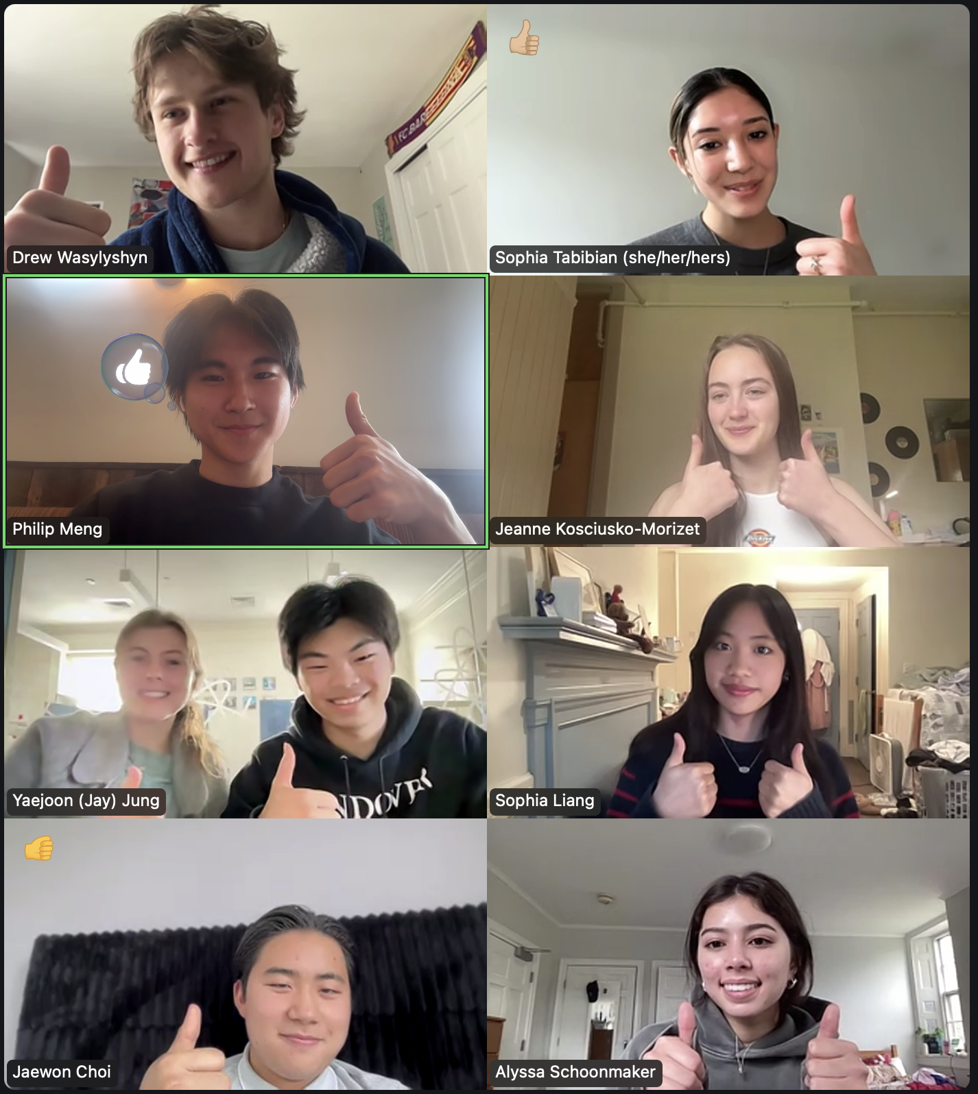 A screenshot of a Zoom meeting with the Launchpad Executive Board meeting during the summer, holding thumbs ups.