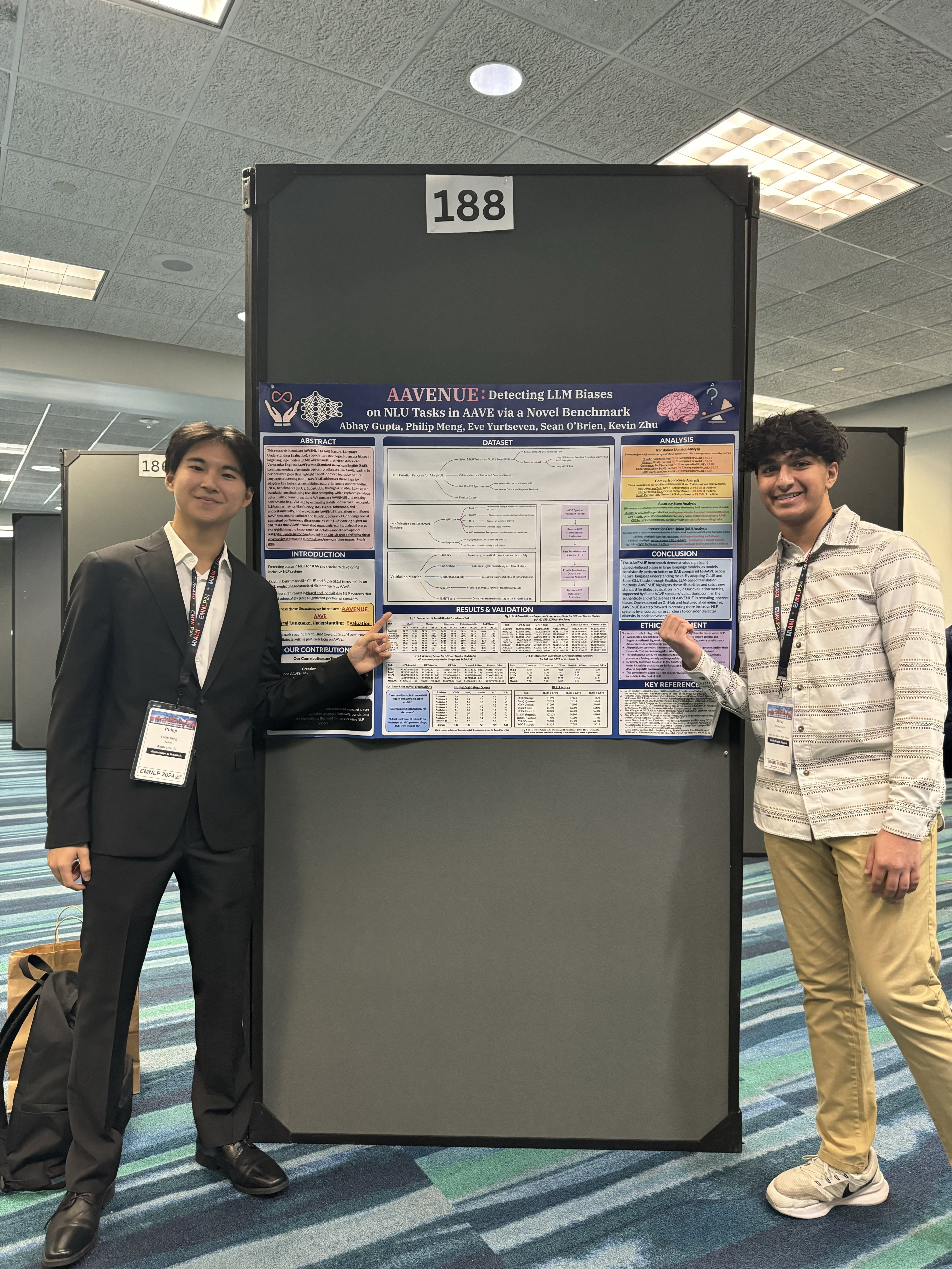 Philip Meng and Abhay Gupta presenting a research poster for EnDive at EMNLP 2024.